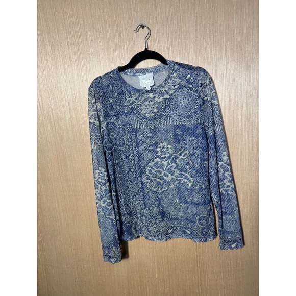 Johnny Was Tops - Jade by Johnny Was Blue White Floral Paisley Mesh Long Sleeve Top Large R10025-1